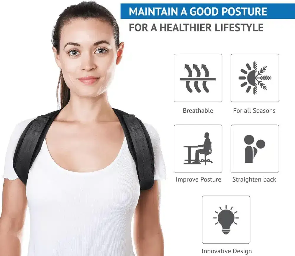 Woman wearing the TrueFit Posture Corrector over a t-shirt showing improved spinal alignment and shoulder support